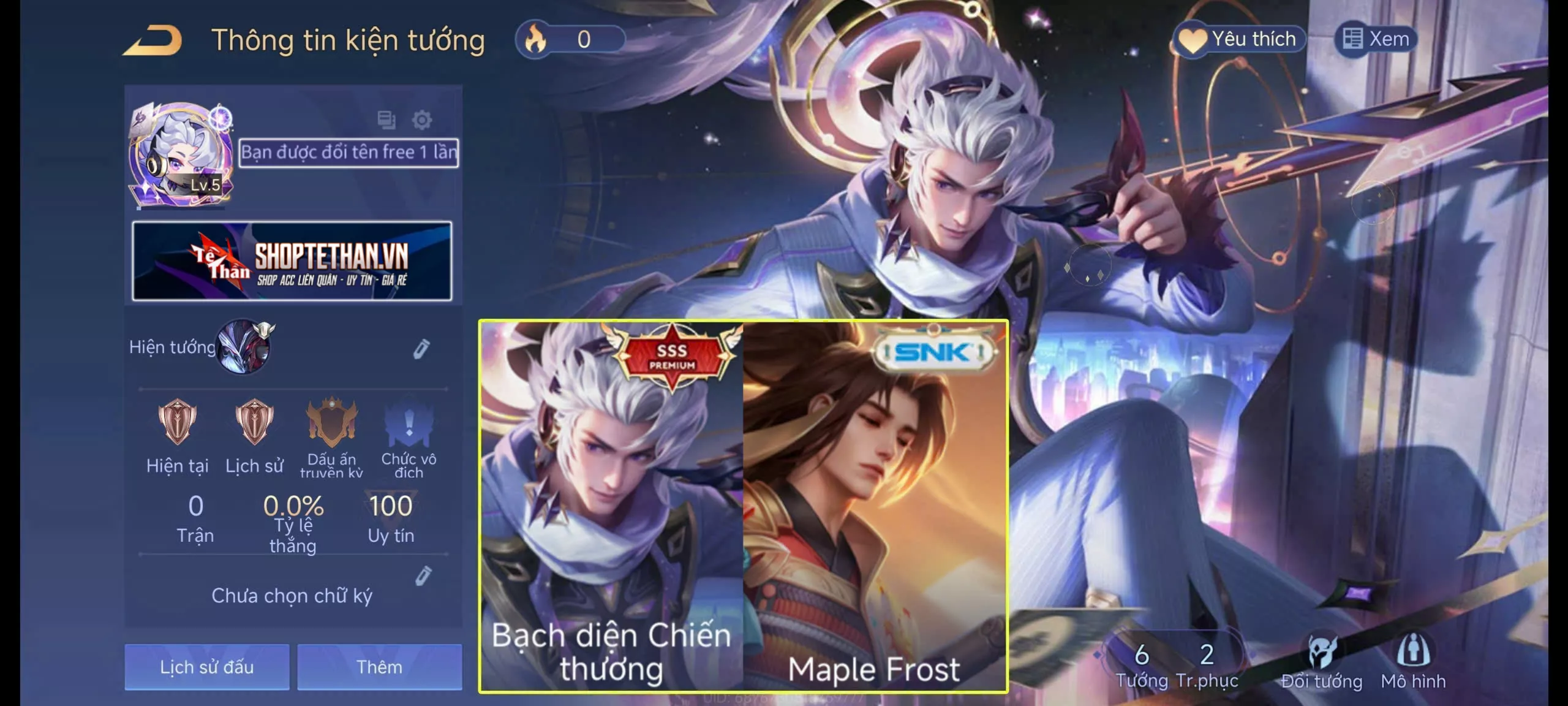 ACC REG LQ: Nakroth bạch diện chiến thương full phụ kiện + Ryoma maple frost, sẵn tướng, free đổi tên, trắng thông tin